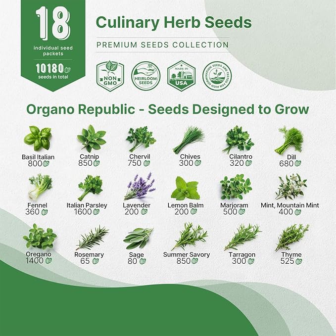 Organo Republic 18 Culinary Herbs Seeds Variety Pack - 10,180+ Heirloom, Non-GMO, Herbs Seeds for Outdoor and Indoor Home Gardening, Including Rosemary, Thyme, Oregano, Mint, Basil, Parsley - Bloomnest