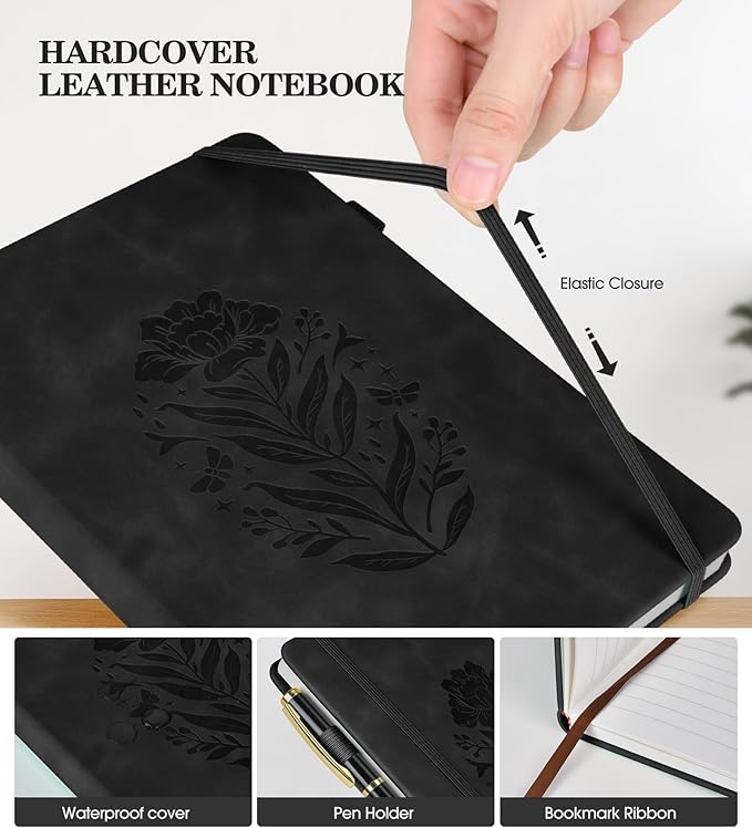 Lined Journal Notebook for Women, A5 Pink Hardcover Leather Journals for Writing, 200 Pages Travel Daily Journal,Thick College Ruled Notebook for Work School, Note Taking, Business 5.75'' X 8.38'' Black - Bloomnest