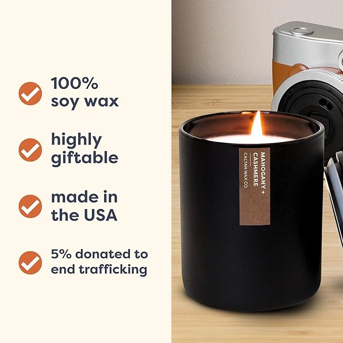 Calyan Wax Co. Mahogany & Cashmere Scented Candle - 75 Hour Burn - Luxury Non Toxic Soy Wax Candles - Long Lasting Black Tumbler Jar Candle for Home - 10.2oz - Bloomnest