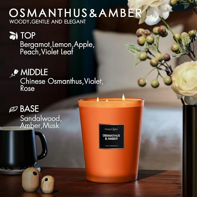 HomeLights Large Jar Candle-33.3 Oz. Natural Soy Aromatherapy Candle | Osmanthus Amber Scent | Up to 130 Hours Burn Time with 3 Cotton Wicks | Home Decorative Fragrance Candle Gift - Bloomnest