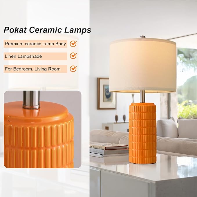 PoKat 23" Orange Table Lamps Decor for Living Room Set of 2, Modern Living Room Lamps for End Table, Ceramic Table Lamps for Bedroom, Contemporary Nightstand Lamps for Home Bedroom Decor - Bloomnest