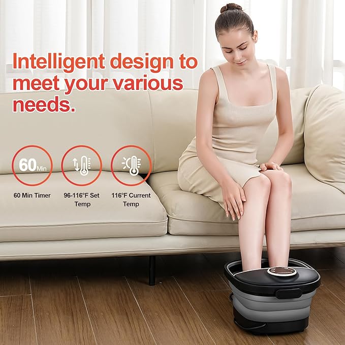 Collapsible Foot Spa Bath with Heat,Foot Massager with Two Side Supports,Leakage Protector,Temperature Control,Bubbles,Red Light,Timer,Feet Spa Tub,Feet Soaker,Gifts (Black) - Bloomnest