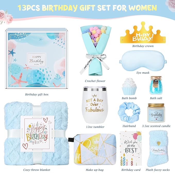 Birthday Gifts for Women, 13PCS Unique Happy Birthday Gifts Basket for Mom Her Best Friend Sister Wife Girlfriend Coworker Bestie, Luxury Self Care Box Relaxing Spa Gifts Set (Ocean) - Bloomnest