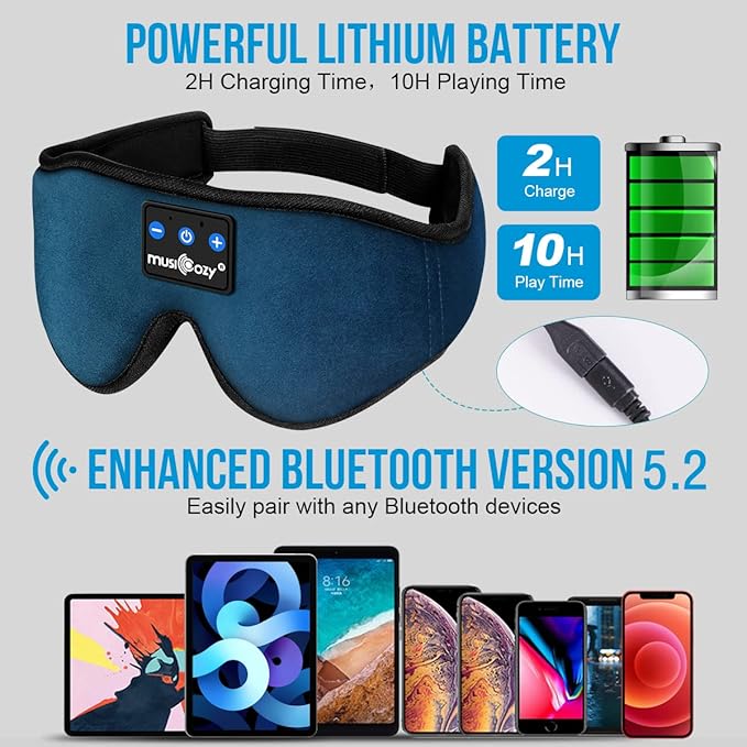 MUSICOZY Sleep Headphones, Bluetooth 5.4 Sleep Mask Headband Headphones Sleeping Eye Mask, Wireless Music Earbuds Earphones with HD Ultra-Thin Stereo Speakers for Side Sleepers Men Women - Bloomnest