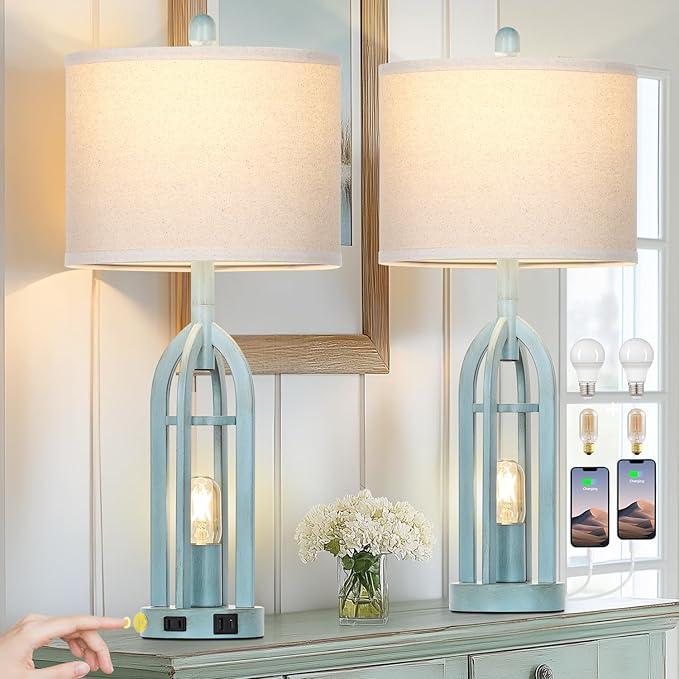 27" Farmhouse Table Lamps for Living Room,Blue Vintage Lamps Set of 2 with USB A+C Charging Ports & AC Outlet, Retro Nightstand Lamp with Fabric Shade for Bedroom, Entryway(4 Bulbs Included) - Bloomnest