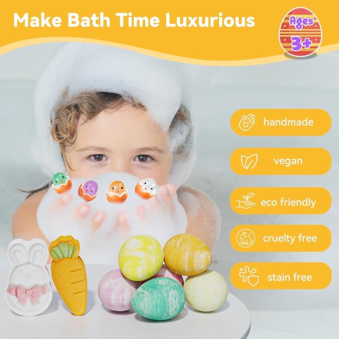 Kids Bath Bombs with Surprise Inside: 9 Pcs Natural Organic Egg Bunny Shaped Basket Stuffers for Kid Girls Boys Bubble Bathbombs Fruit Scented Spa Birthday Gift Set Party Favors Children 3+ Year Old - Bloomnest