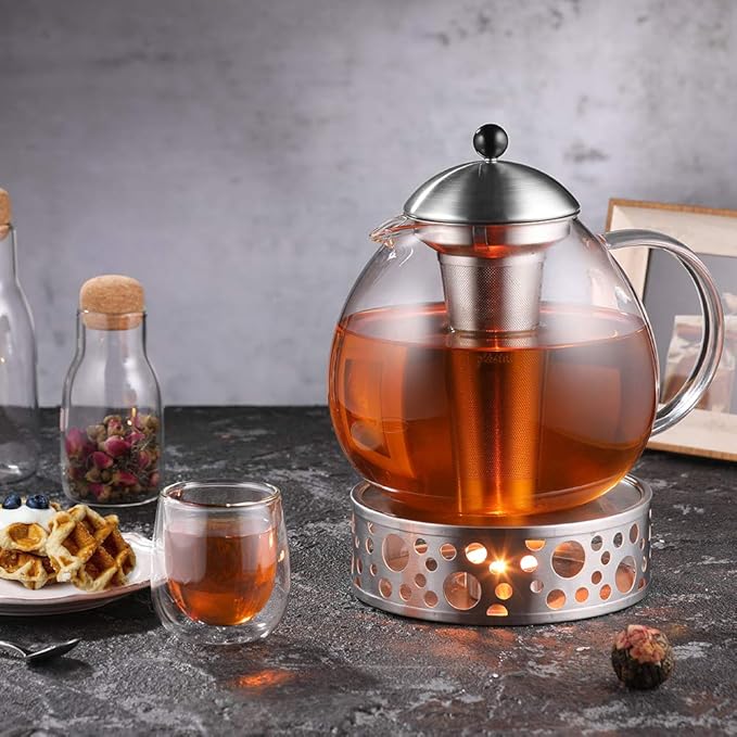 glastal 67oz XL Large Glass Teapot with Infuser Stovetop Safe, Tea Pots for Loose Tea Glass, Glass Tea Kettle for Stove Top, Clear Teapot with Strainer for Loose Tea (2000 ml)