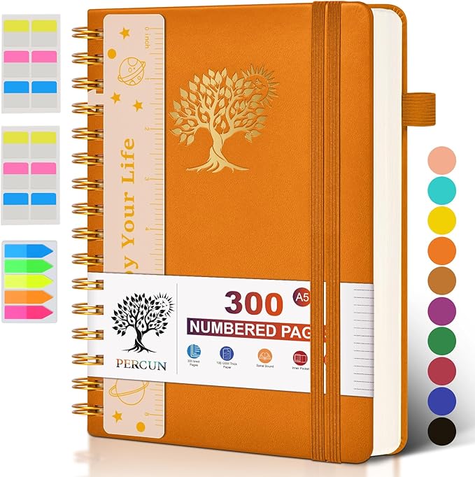 Spiral Notebook Journal for Women Men, 300 Numbered Lined Pages, College Ruled, A5 Hardcover Spiral Bound Notebook for School, Work, Note Taking Writing, Leather Spiral Journal Medium 5.9"x8.5" - Bloomnest