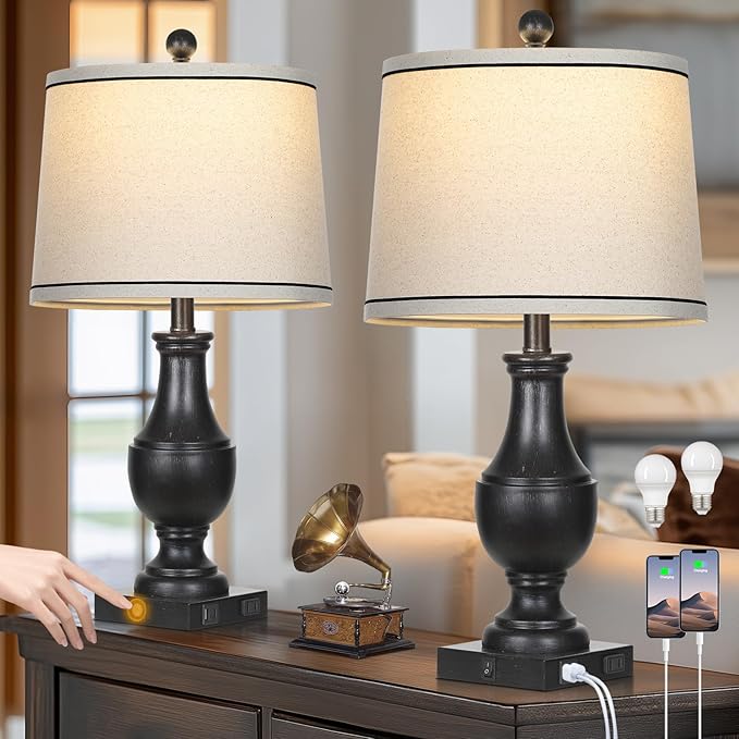 Table Lamps for Living Room Set of 2, Farmhouse Vintage Table Lamp with USB A+C Charging Ports & AC Outlet, 25" Black Rustic Traditional Lamps for Bedroom Nightstand Desk(2 LED Bulbs Included) - Bloomnest