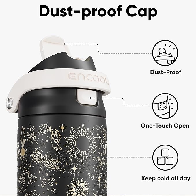 ENCOOL Leakproof Insulated Water Bottle with Straw Dual-Sip Water Bottle Bag-Safe Design for Work, Commute & Gym – Keeps Drinks Cold All Day, 24 oz, Oracle Moth ENCOOL