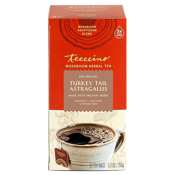 Teeccino Mushroom Herbal Tea - Turkey Tail Astragalus Toasted Maple - Caffeine Free, Prebiotic, 3x More Herbs - 25 Tea Bags - Bloomnest
