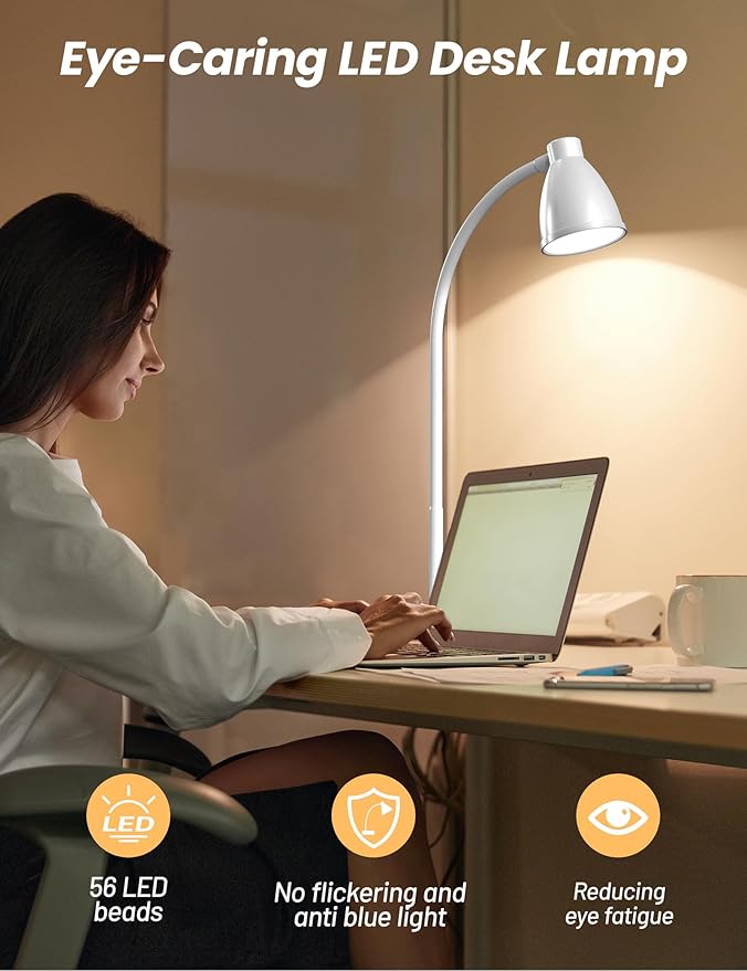 BOHON LED Desk Lamp with USB Charging Port, 3 Color Modes Dimmable Reading Lamp, Auto Dimming Task Lamp, Flexible Gooseneck Table Light for Dorm Bedside, Adapter Include, White - Bloomnest