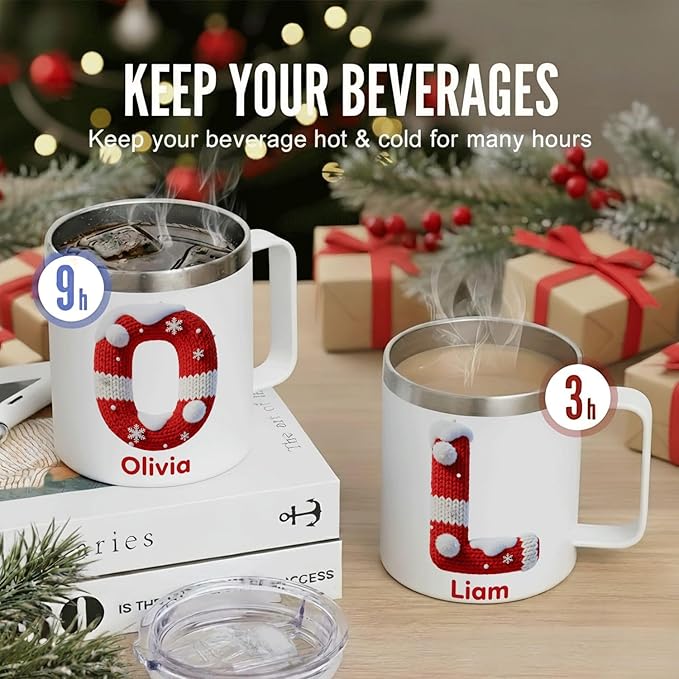 Personalized Christmas Mug with Name, 12oz Insulated Coffee Tumbler with Handle, Custom Cozy Knit Sweater Initial Cup, Festive Holiday Xmas Gift for Men & Women (B08) - Bloomnest