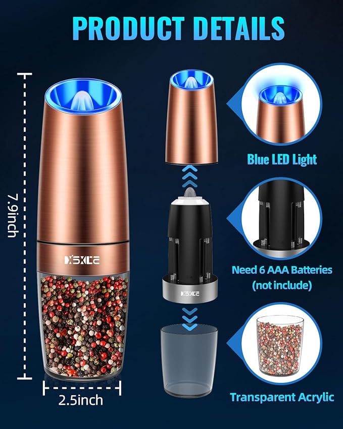 XinXu Gravity Electric Pepper/Salt Grinder, Salt or Pepper Mill, Adjustable Coarseness, Battery Powered with LED Light, One Hand Automatic Operation (Single/Copper) - Bloomnest