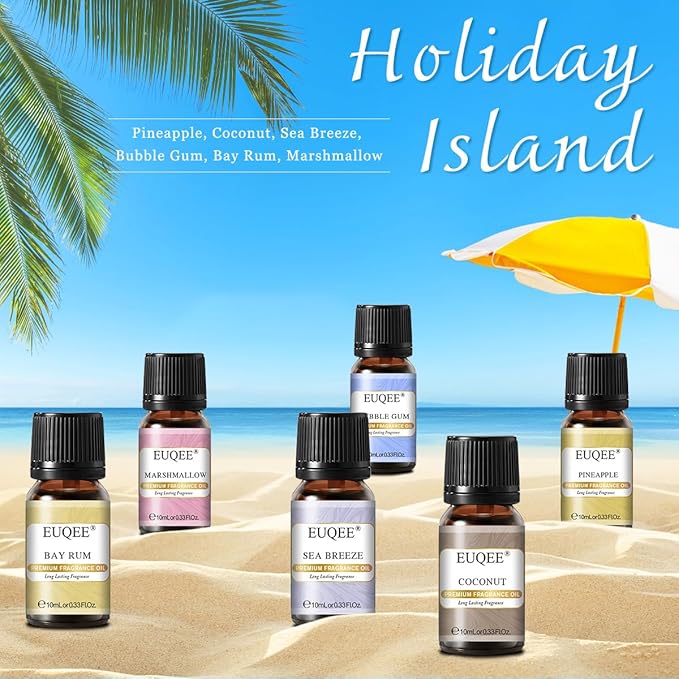 EUQEE Summer Fragrance Oil Gift Set of 6，Holiday Island Essential Oils Set for Humidifier, Aromarathepy-Pineapple, Coconut, Sea Breeze, Bubble Gum, Bay Rum, Marshmallow(10ml) EUQEE