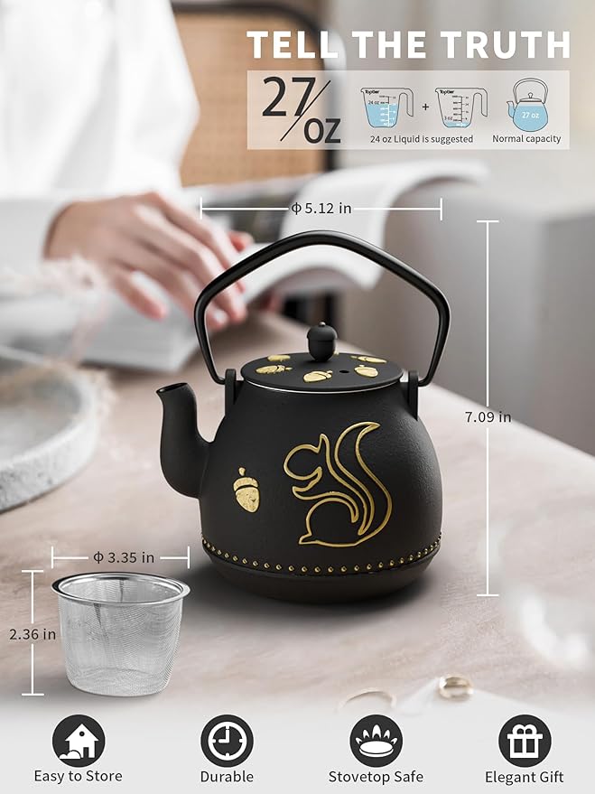 Toptier Teapot with Removable Infuser, Cast Iron Tea Kettle Stovetop Safe, Squirrel Design Tea Pot Coated with Enameled Interior for 32 Ounce (950 ml), Black - Bloomnest