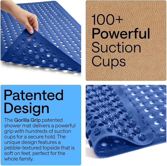 GORILLA GRIP Patented Square Shower Stall Mat, Small Bathtub Floor Mats for Stand Up Showers, Suction Cups, Drain Holes, Machine Wash, Soft on Feet, Bathroom Accessories 21x21 Inch, Royal Blue Opaque - Bloomnest