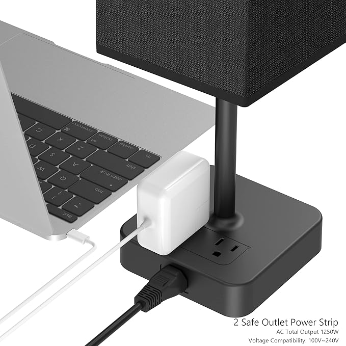 Bedside Table Lamp with Touch Control & USB C+A Charging Ports LED Desk Lamp with 2 AC Outlets, Minimalist Nightstand Light with Black Fabric Shade for Bedroom, Living Room, Office, Black - Bloomnest