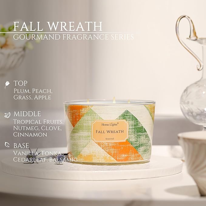 HomeLights Soy Wax Candles for Home Scented, 4-Wick Candles in Fall Wreath Scented, Rustic Modern Aromatherapy Candles Gift for Parties, Relaxing, 18oz - Bloomnest