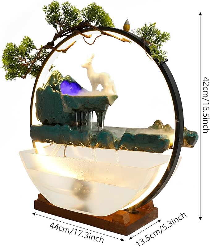 Tabletop Decoration Water Fountains Indoor Waterfall Fountains Humidifie with LED Light and Atomizer, Japanese Zen Decor for Meditation Fake Plants Bonsai Gift Feng Shui Decor - Bloomnest