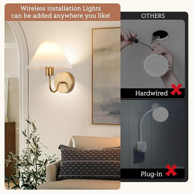 Wireless Wall Sconce Sets of 2, Pleated Shades Rechargeable Battery Operated Wall Sconce, Retro gooseneck Gold Wall Lights Bathroom Vanity Sconces, Wall Mounted Lamps for Bedroom Living Room Kitchen - Bloomnest