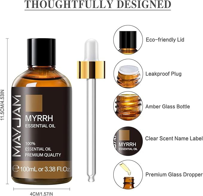 Myrrh Essential Oil 100ML/3.38FL.OZ, MAYJAM Premium Myrrh Oil Essential Oils with Glass Dropper, Great for Diffuser and Candle Making - Bloomnest