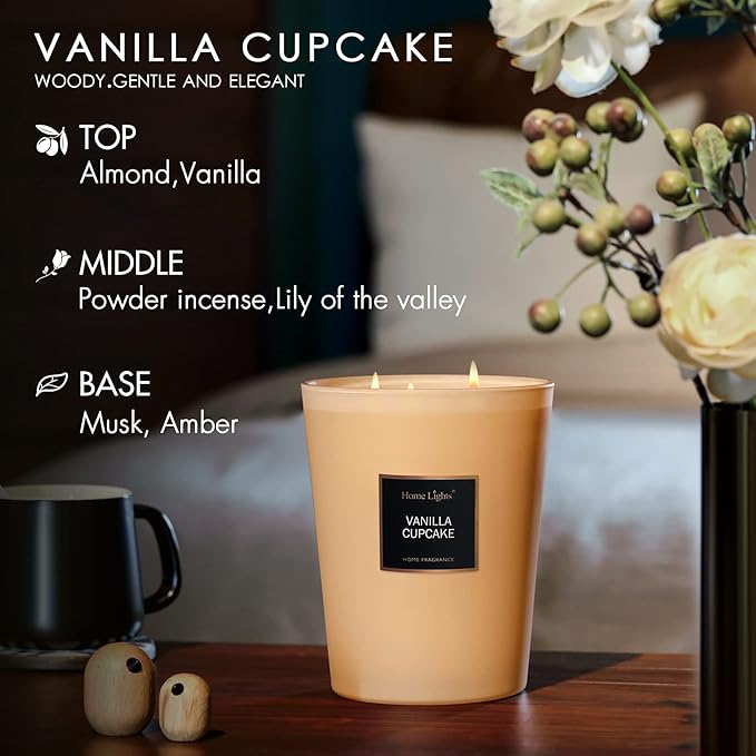 HomeLights Highly Scented Soy Candles Big 33.3 oz for Home. 3 Cotton Wicks, Smokeless Long Lasting 130 hrs in Vanilla Cupcake. 5x6, Great Gift for Women & Men - Bloomnest