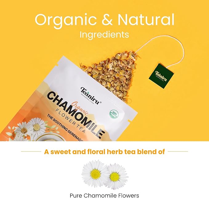 Teaniru, Pure Chamomile Flower Tea - 16 Individual Sachets | For Good Sleep & Healthy Digestion | Rich in Antioxidants & Minerals | Your Superherb Cup | Certified by USDA Organic | Thanks Giving - Bloomnest