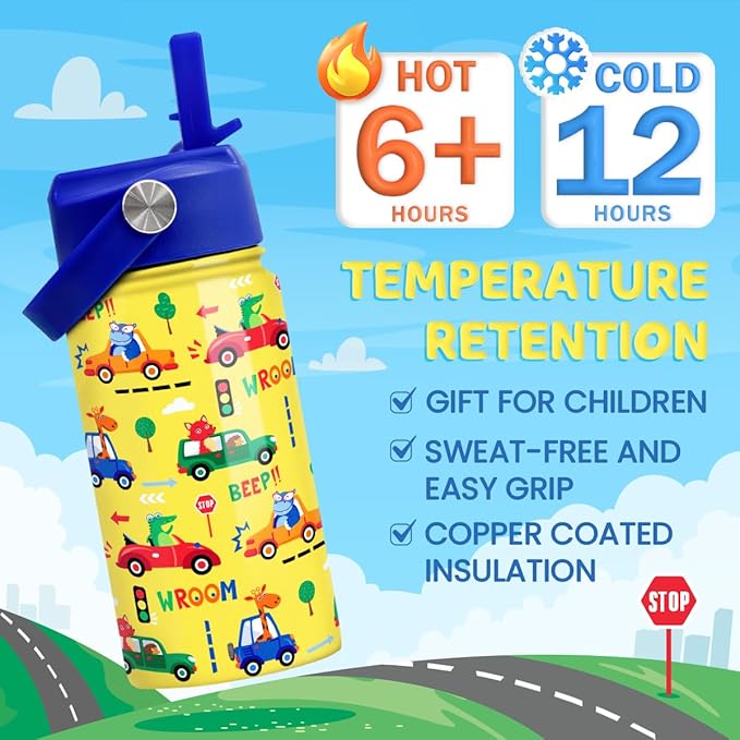 Kids Water Bottle with Straw Lid - 12 Oz Insulated Stainless Steel Vehicle Cars Water Bottles for Kid Boys - Travel Cup for School Sports - Bloomnest