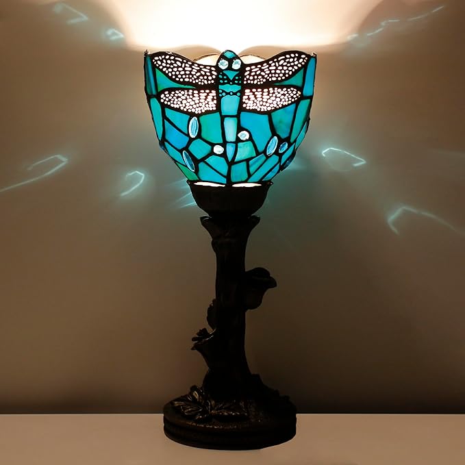 Small Tiffany Lamp Stained Glass Table Lamp Desk Uplight 6X6X13.5 Inch for Bedroom Bedside Office (Green Dragonfly) - Bloomnest