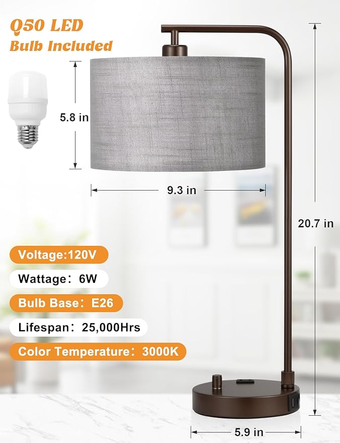 Innqoo Gray Tall Table Lamp with USB Port and Outlet, Dimmable Nightstand Bedside Lamps with Linen Lampshade, Desk Lamp for Bedroom, Living Room, Guest Room, Home Office, LED Bulb Included - Bloomnest