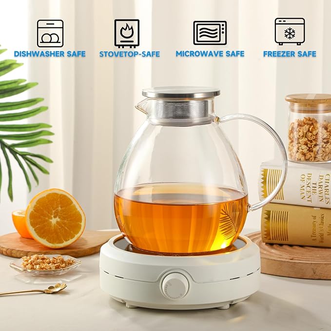 68OZ/2000ML One Touch Glass Teapot with Stainless Steel Filter Lid, Stovetop & Microwave Safe Tea Maker Water Kettle, Strainer & Cover 2 in 1 Loose Leaf Tea Steeper Pot Coffee Carafe - Bloomnest