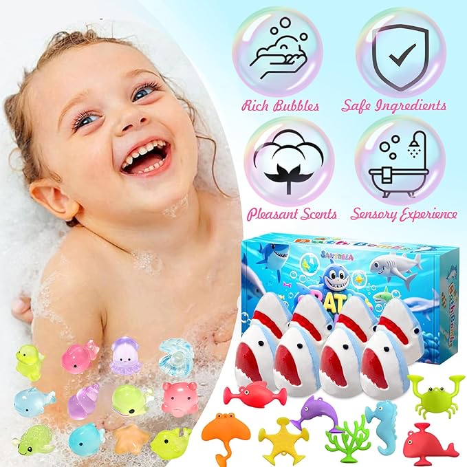 Shark Bath Bombs for Kids, 8 Surprise Bath Bombs with Sea Aninmals Inside & 4 Suction Cup Toys Outside, Natural Handmade Bubble Bath Ball Gift for Boys Girls Birthday Christmas - Bloomnest