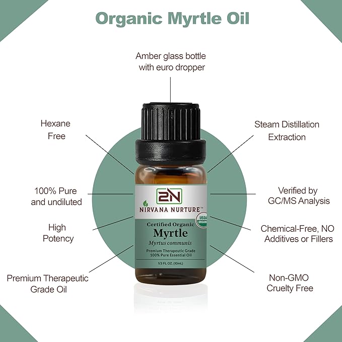 Myrtle Essential Oil, USDA Certified Organic, 100% Pure Undiluted, Aromatherapy Oil for Diffuser, Hair & Skin Care NirvanaNurture