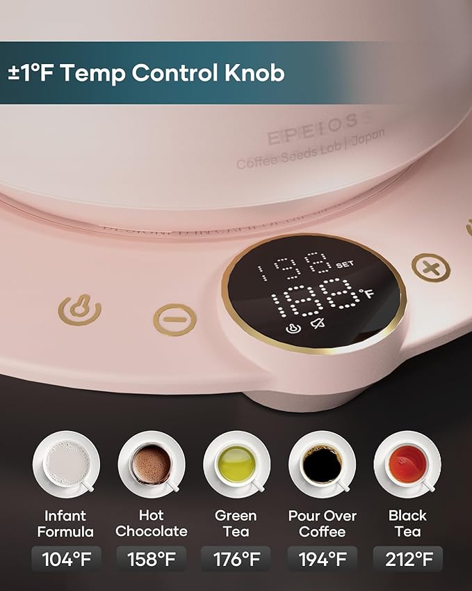 Gooseneck Electric Kettle with ±1℉ Temperature Control for Pour Over Coffee & Tea, Quick Heating, BPA-Free Stainless Steel, Built-in Brew Timer, 1500W/0.9L (Petal Pink) - Bloomnest