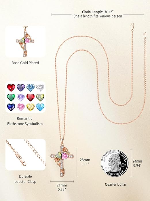 Rose Gold Dual Birthstones Cross Necklace for Women Rose Flower Jewelry Anniversary Christmas Mother's Valentine's Day Birthday Gift for Wife Girlfriend Mom - Bloomnest