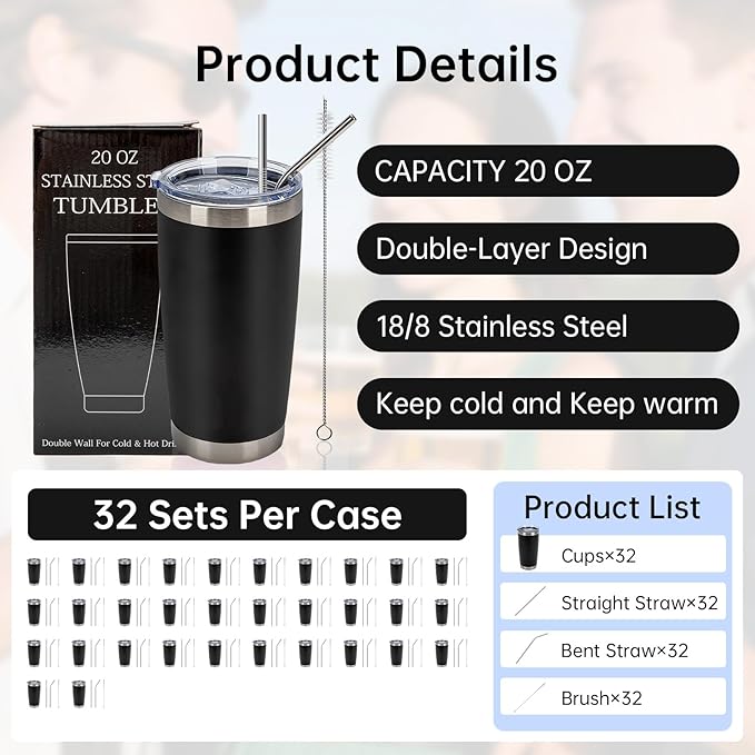 IEOVIEE 32 Pack 20oz Stainless Steel Bulk Tumblers with Lids and Straws Double Wall Insulated Travel Mug Durable Powder Coated Tumbler Bulk Cup for Cold and Hot Drinks(Black) - Bloomnest