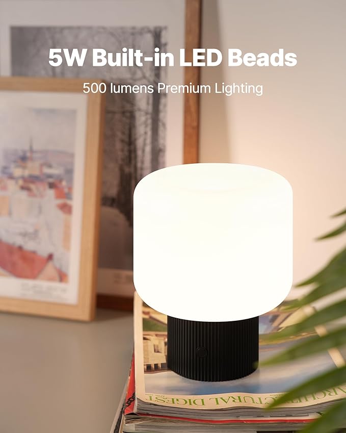 Halo Mushroom Lamp, 5W Cute Cordless Rechargeable Table Lamp with Glass Shade, 3 Color Temps LED Dimmable Ambient Lighting, Small Retro Touch Bedside Light for Bedroom Decor, Black - Bloomnest