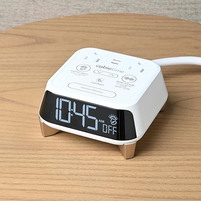 Brandstand CubieTime Zen White | Alarm Clock Charger with White Noise and Sunrise Alarm | 2 USB-C Ports | 2 Tamper Resistant Outlets |Night Light