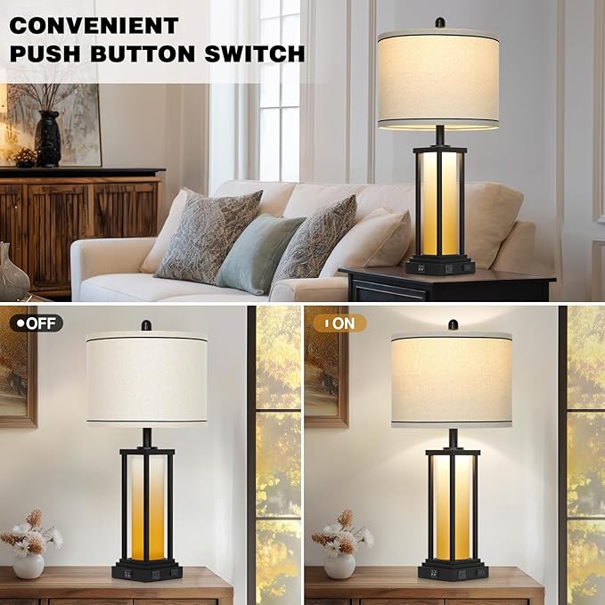 27" Tall Vintage Table Lamp Set of 2 with USB C+A & Outlet,Farmhouse Nightstand Lamp for Living Room,Rustic Retro Bedside Lamps with Red-Orange Glass Night Light for Bedroom Entryway,Black-2 - Bloomnest