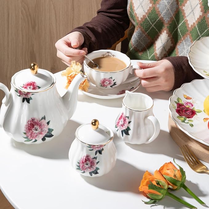 Porcelain Tea Sets British Royal Series, 8 OZ Cups & Saucer Service for 6, with Teapot Sugar Bowl Cream Pitcher Teaspoons and Tea Strainer, Suitable for High Tea, Wedding, Party - Bloomnest