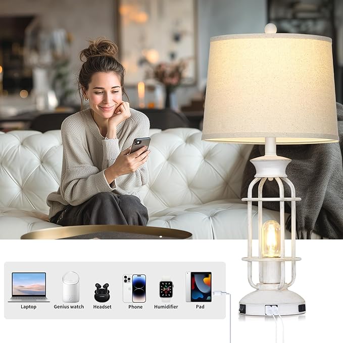 28" Vintage Table Lamps with USB C+A Ports & Outlet, Industrial Farmhouse Table Lamp for Living Room, Rustic Mid Century Modern Bedside Lamps with Nightlight & Beige Fabric Lampshade, Oil-Rubbed White - Bloomnest