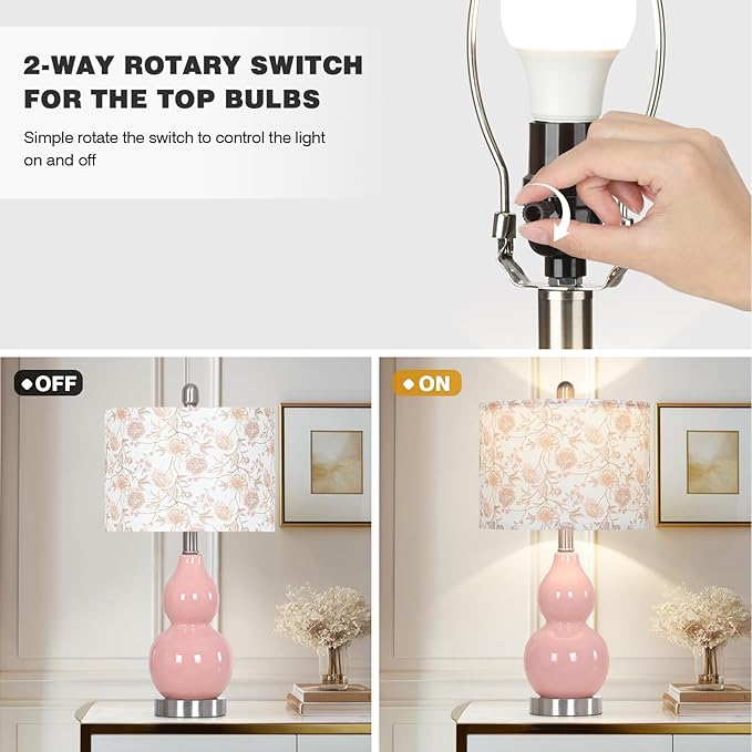 Pink Double Gourd Ceramic Lamps Set of 2 with Flower Lampshade, Modern Table Lamps for Living Room, Contemporary Nightstand Bedside Lamp for Bedrooms End Tables Office Dorm Decor(2 LED Bulbs Included) - Bloomnest
