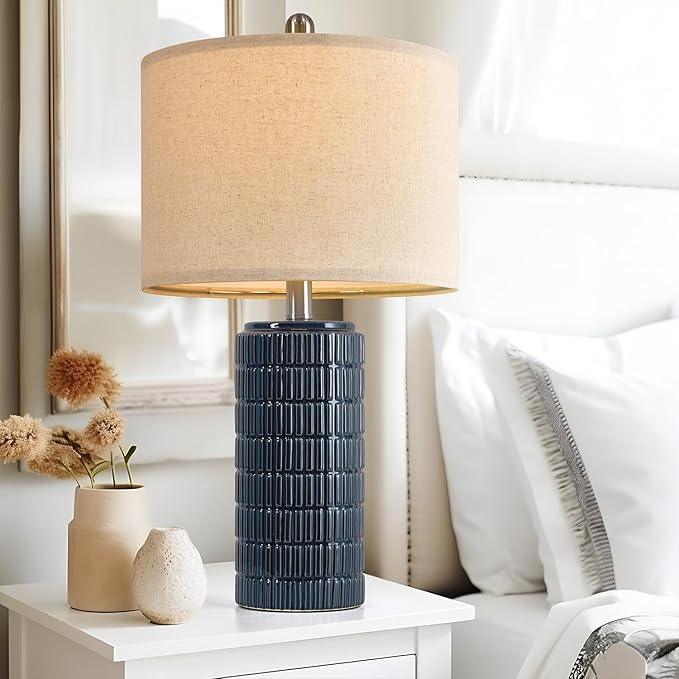 PoKat 23" Blue Table Lamps, Farmhouse Bedside Lamps for Bedroom Set of 2, Ceramic End Table Lamps for Living Room, Traditional Nightstand Desk Lamps, Medium - Bloomnest