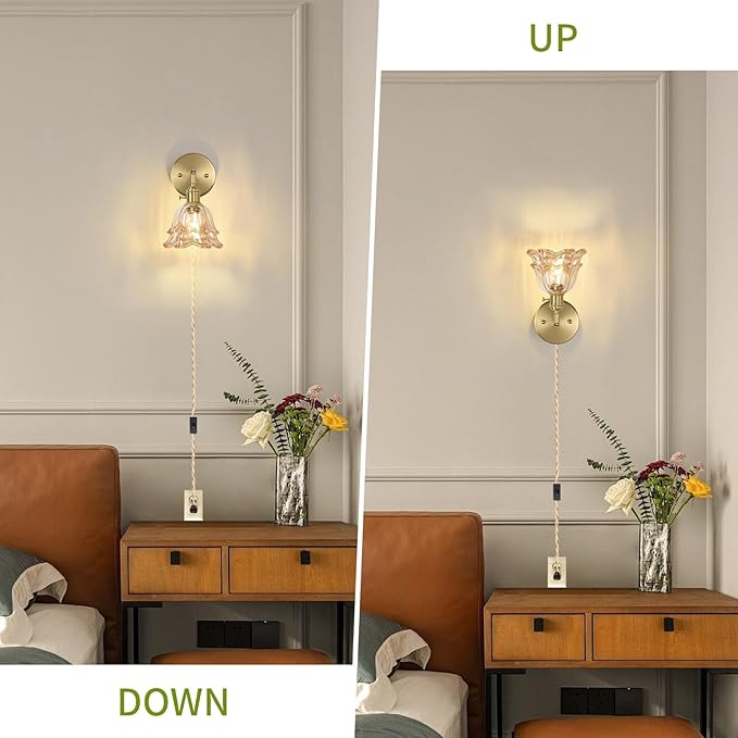 Vintage Plug in Wall Sconces Set of 2, Rose Amber Lampshade & 180 Degree Adjustable, Brass Wall Lights, for Bedroom Living Room Hallway Aisle, Bulbs Not Included, ETL Listed - Bloomnest