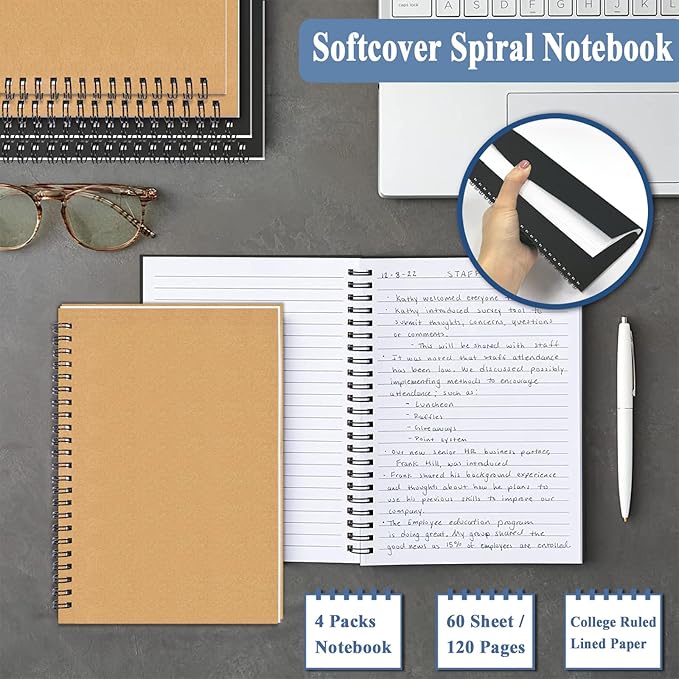 12Pack Small Spiral Notebook A5, 8.25x5.5” 120 Lined Pages Black & Brown Wide Ruled Spiral Journal Bulk Blank Kraft Cover Spiral Bound Notebook & Writing Pads for Home Office Meeting Work Note Taking - Bloomnest