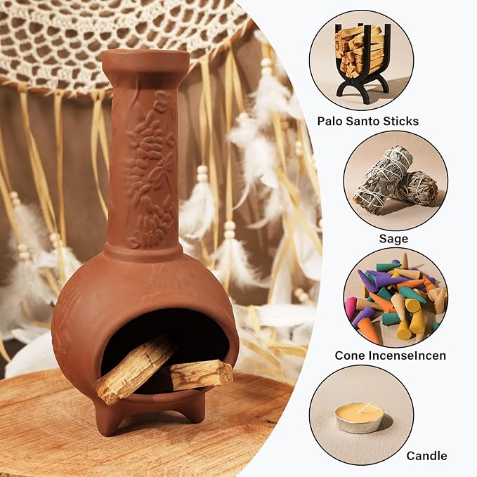 Handmade Terracotta Palo Santo Holder & Mini Chiminea Incense Dish-Elegant Cone Burner for Palo Santo Sticks & Sage-Ideal for Energy Cleansing, Yoga, Meditation,Zen,Altar Decor & Aromatherapy - Bloomnest