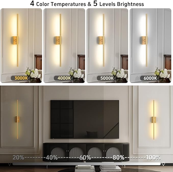 Battery Operated Wall Sconces Set of Two: Dimmable Wireless Wall Lights with Remote, 31.5inch LED Rechargeable Sconces, 360° Lighting Wall Scone Decor for TV, Mirror, Bedroom, Living Room(Gold) - Bloomnest