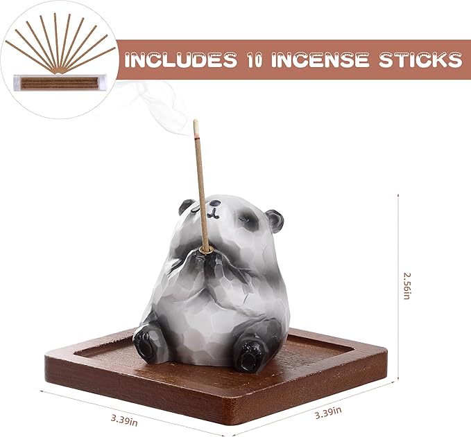 Lionpower Incense Holder for Sticks with Burner & Ash Catcher - Resin Panda, Wooden Tray, 10 Incense Sticks for Meditation Yoga Spa, Cute Home Decor Room Accessories (Panda)