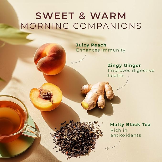Gya Tea Co Caffeinated Ginger Peach Black Tea Pod (16 Count) - Smooth, Flavourful, Robust, Enjoy Hot or Iced - Bloomnest